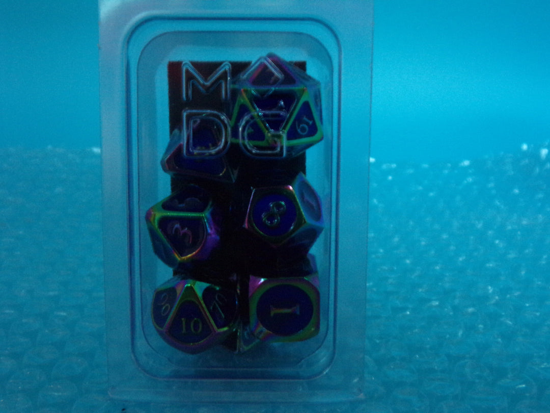 MDG 16mm Metal Poly Dice Set (Rainbow w/Blue Enamel)