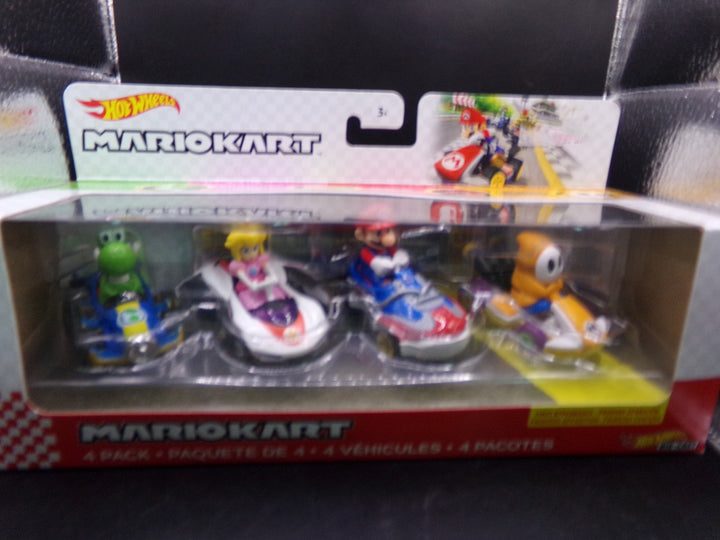 Hot Wheels Mario Kart 4 Pack Diecast Vehicles (Mario, Peach, Yoshi, Orange Shy Guy) NEW