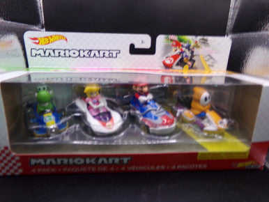 Hot Wheels Mario Kart 4 Pack Diecast Vehicles (Mario, Peach, Yoshi, Orange Shy Guy) NEW