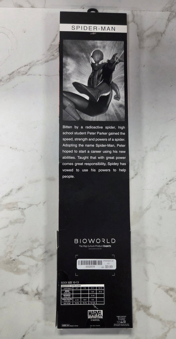 NEW Bioworld Character Collection: Spider-Man Crew Socks (Sizes 10-13) NT8526
