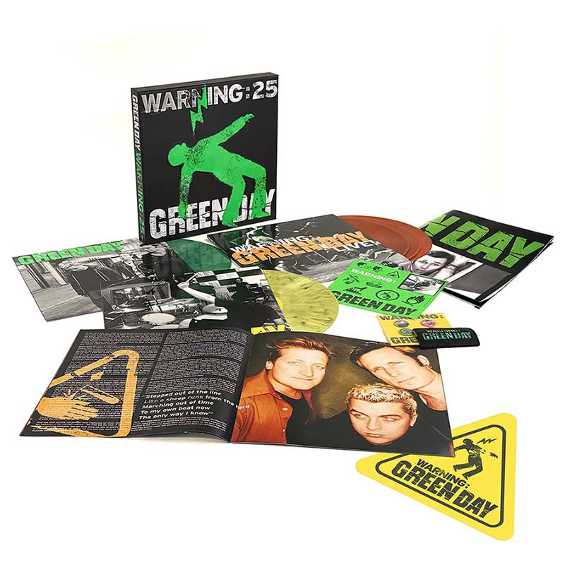Green Day - Warning [5LP Box Set] (Green/Yellow/Orange Vinyl, 25th Anniversary, yellow ''Warning'' sign, 24 page book, poster, cloth patch, button, sticker sheet, limited, indie-retail exclusive) - Vinyl Record NVR52026