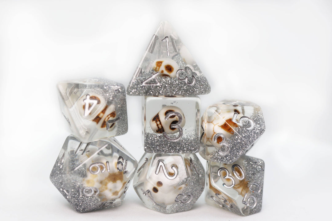 Skull and Silver Glitter RPG Dice Set - NE043026