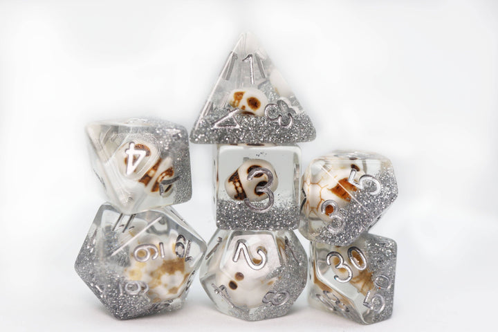 Skull and Silver Glitter RPG Dice Set - NE043026