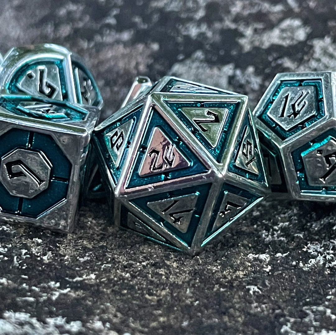 Cleric's Domain Aqua And Silver Metal Dice Set - Misty Mountain Gaming MM51926