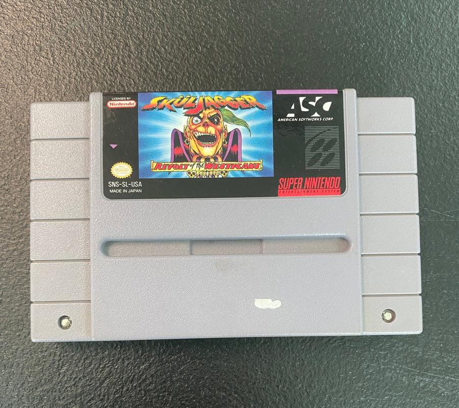 Nintendo Super Nintendo Entertainment System (SNES) game cartridge on a dark textured surface