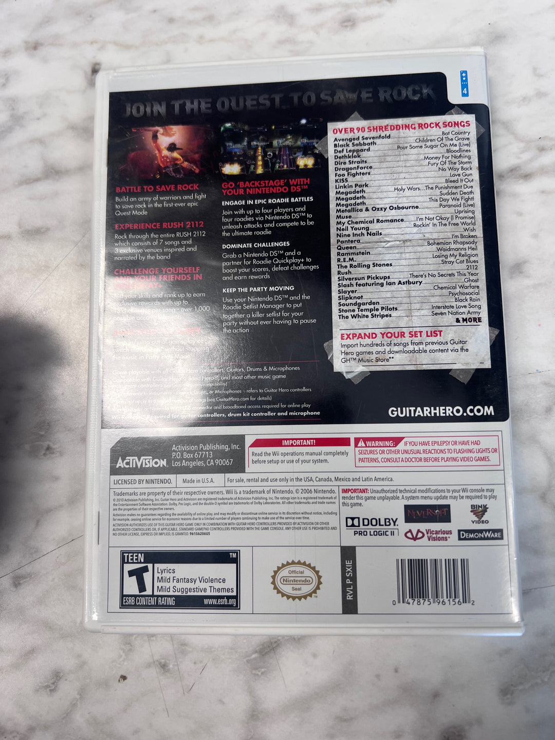 Guitar Hero Warriors of Rock Nintendo Wii CASE & MANUAL ONLY CO82725