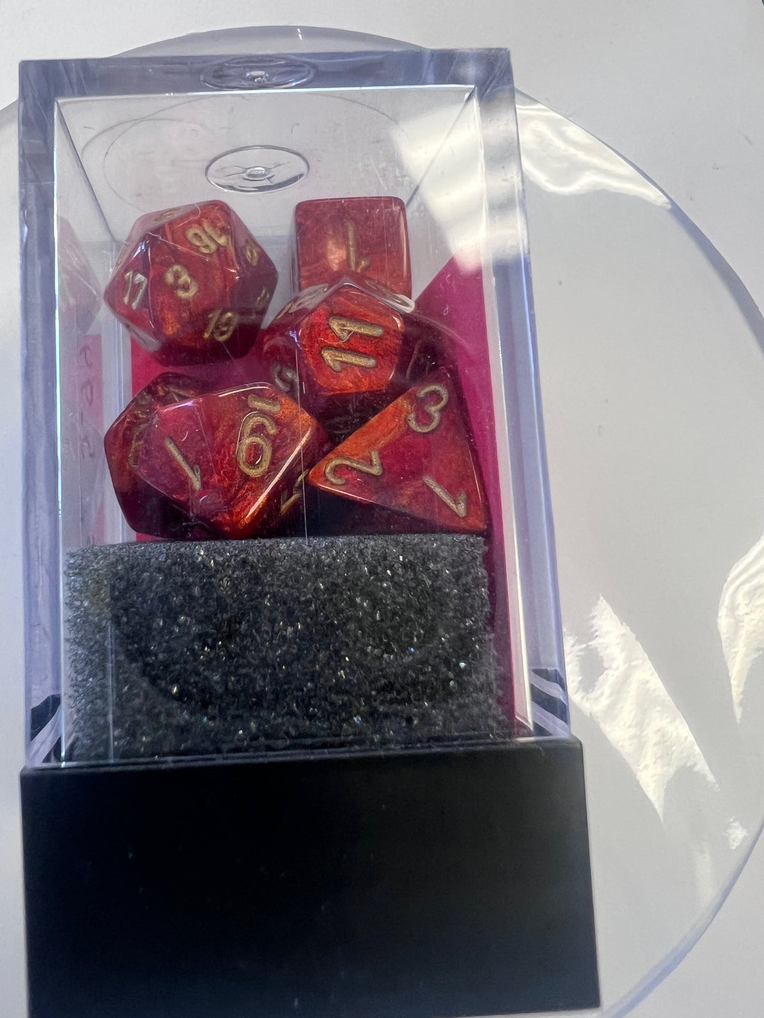 Chessex Mini-Polyhedral 7 Die Dice Set Scarab Scarlet / Gold NEW CX9325