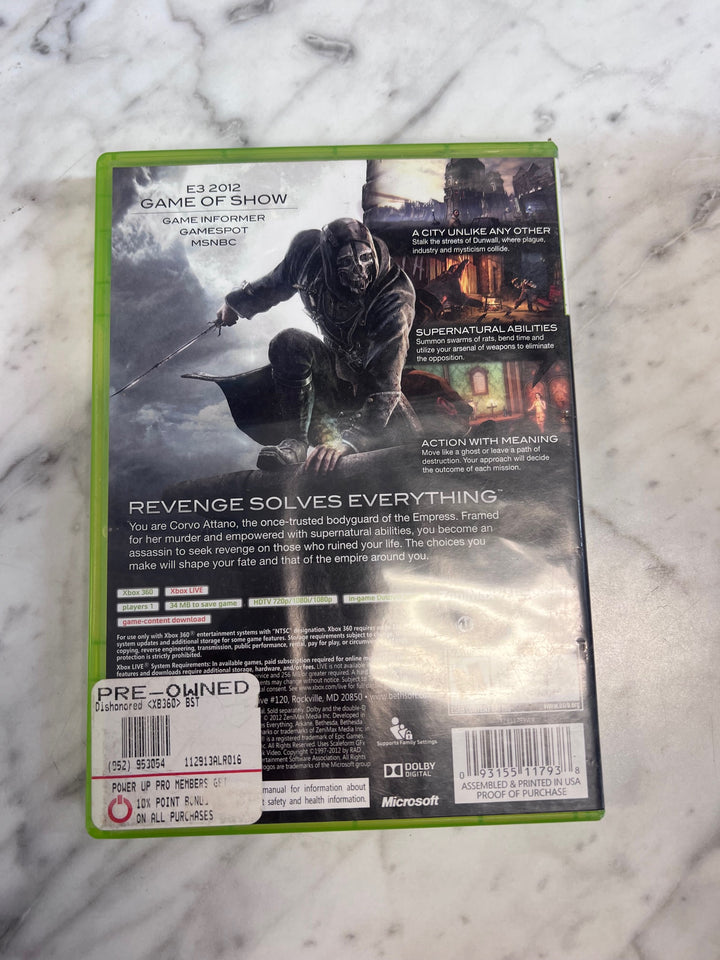 Dishonored Xbox 360 CASE AND MANUAL ONLY CO123125