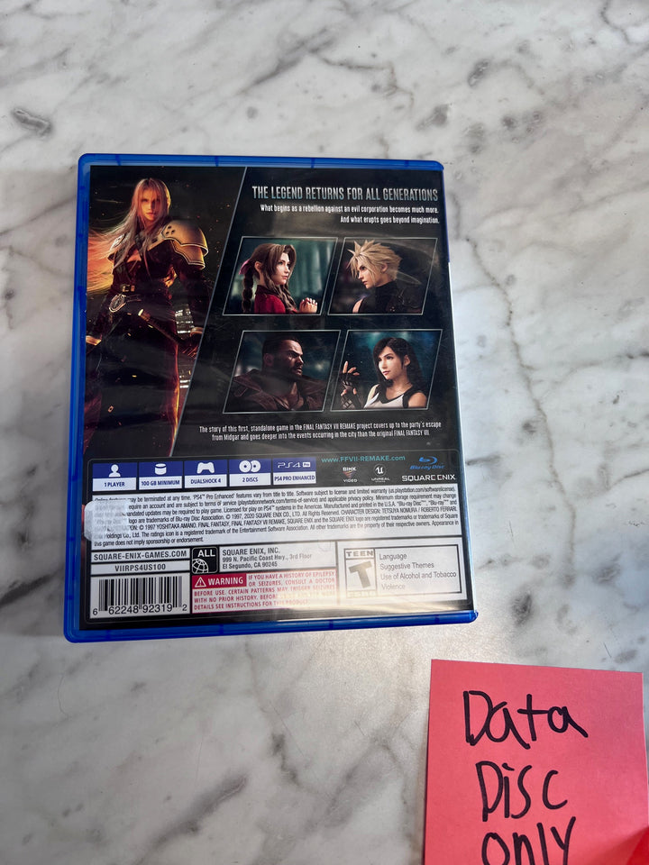 Final Fantasy VII Remake PS4 Playstation 4 Case and DATA DISC ONLY CO123125