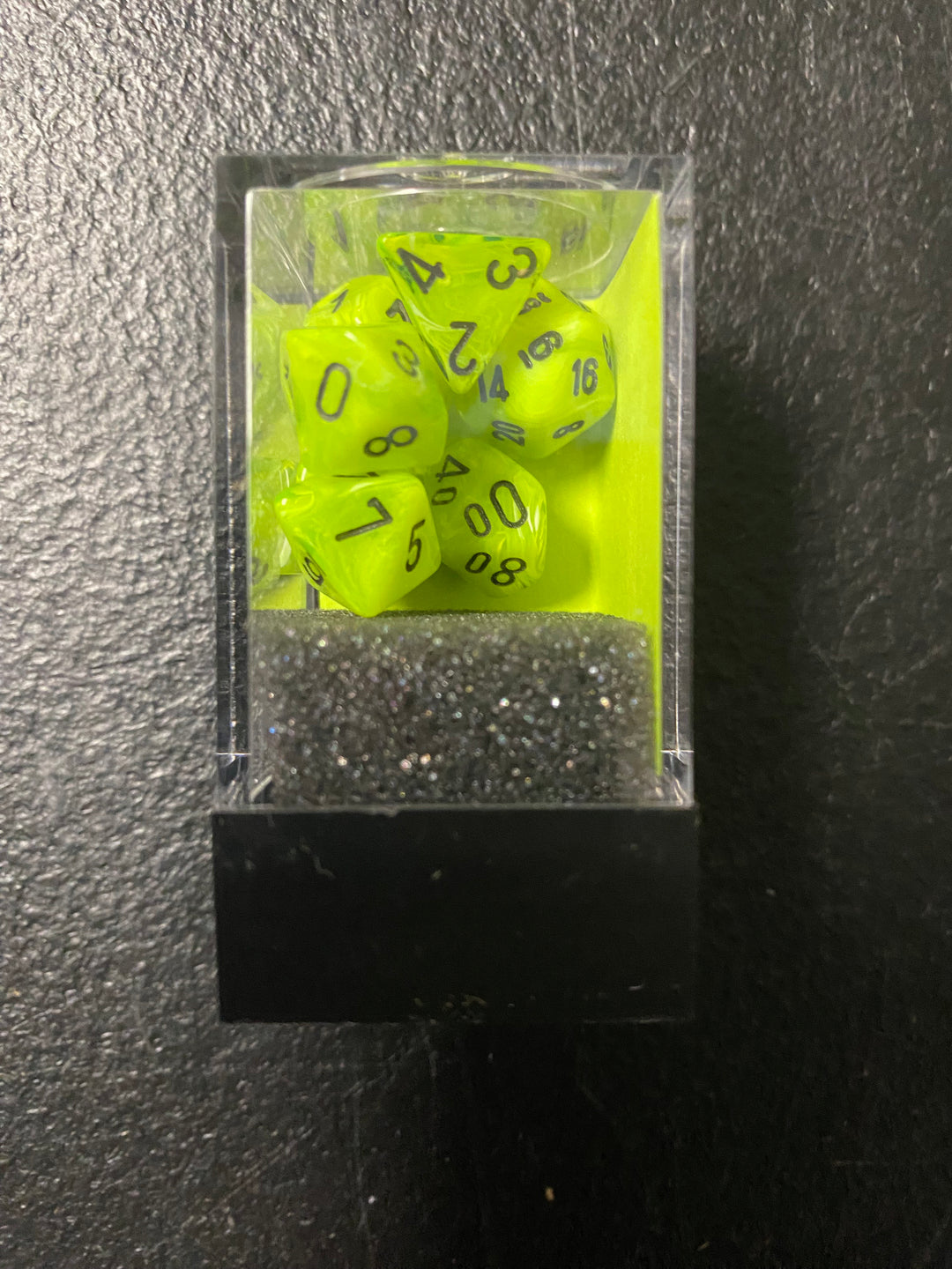 Chessex Mini-Polyhedral 7 Die Dice Set Vortex Bright Green / Black NEW  MD101025