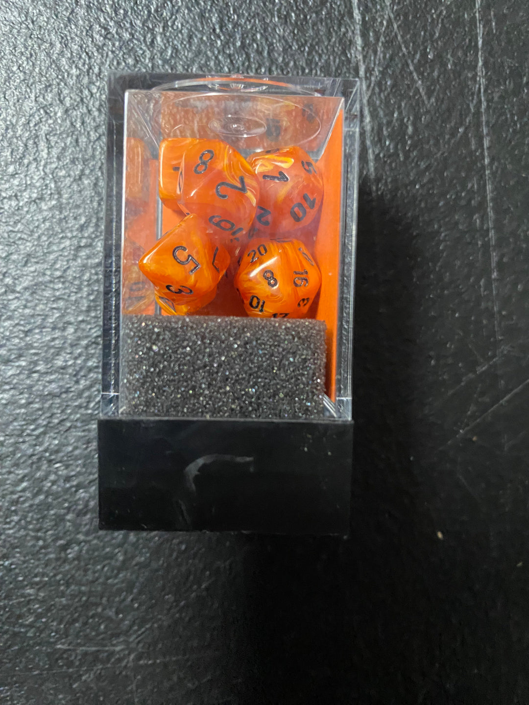 Chessex Mini-Polyhedral 7 Die Dice Set Vortex Orange / Black NEW  MD101025
