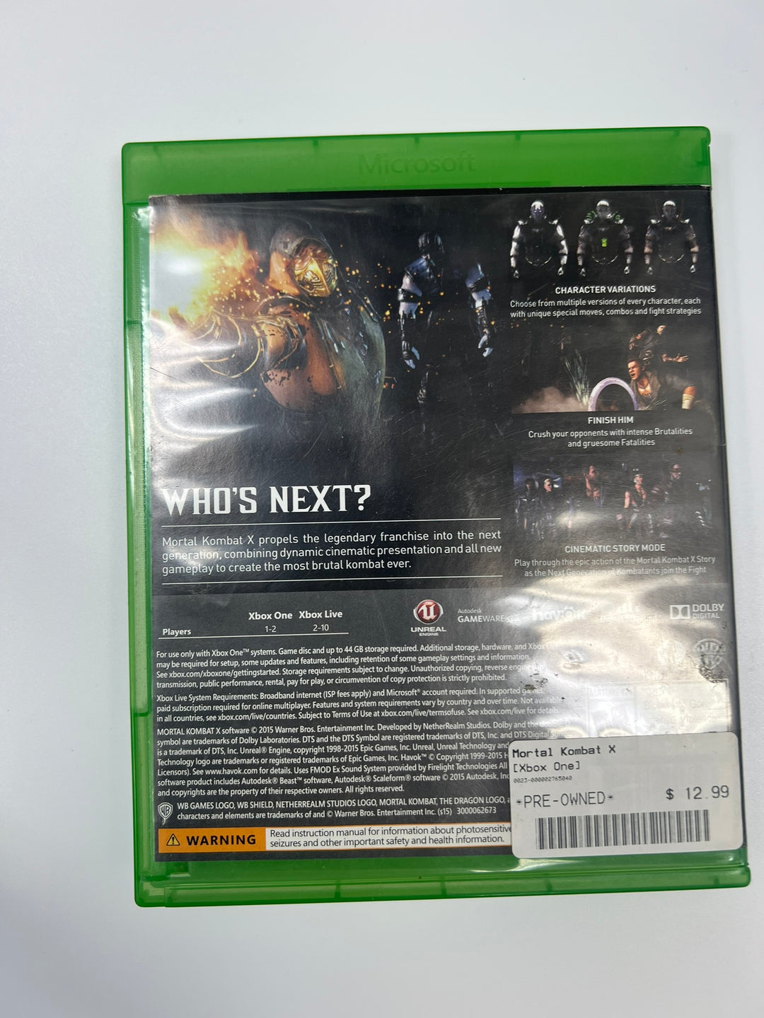 Mortal Kombat X Xbox One CASE ONLY NO GAME CO71326
