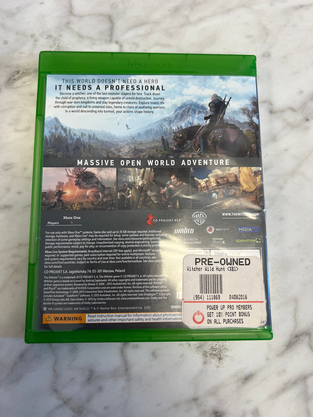 The Witcher III Wild Hunt Xbox One CASE ONLY C4925