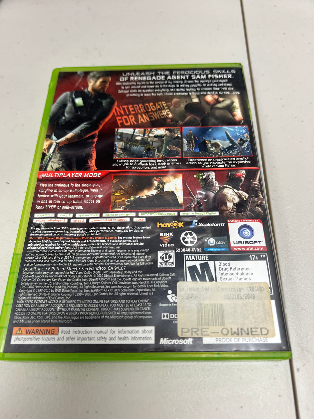 Tom Clancy's Splinter Cell Conviction for Microsoft Xbox 360 in case. Tested and working.     DO61024