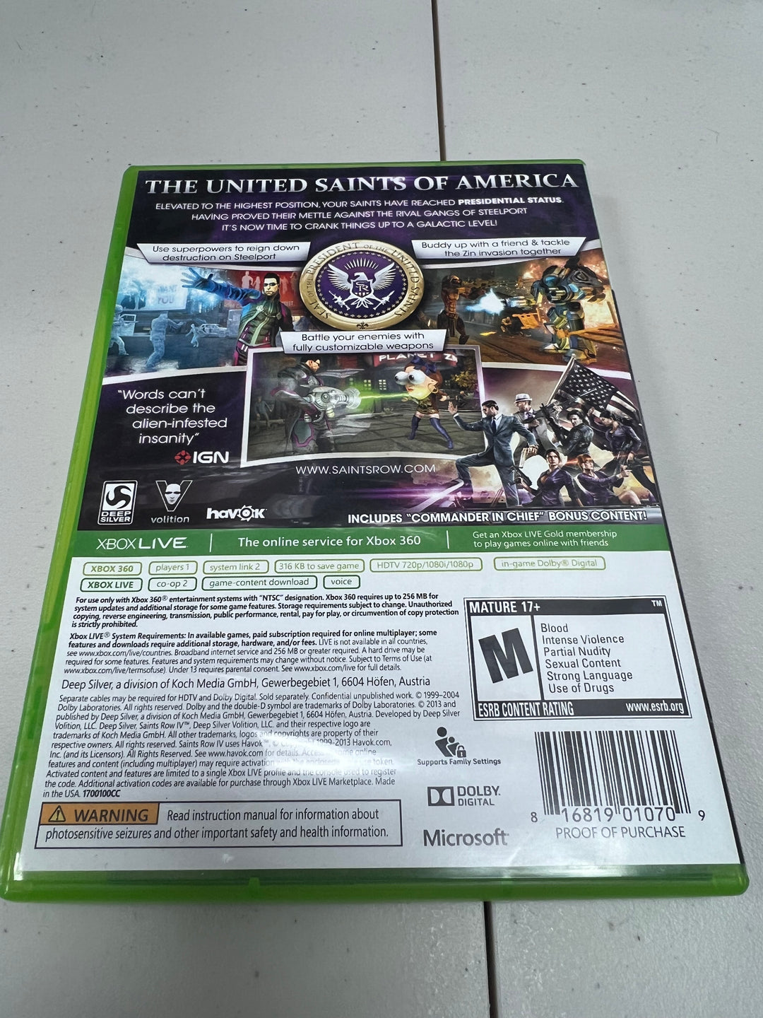 Saint's Row IV Commander in Chief Edition for Microsoft Xbox 360 in case. Tested and working.     DO61024