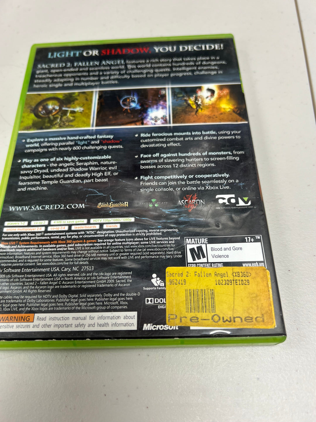 Sacred 2 Fallen Angel for Microsoft Xbox 360 in case. Tested and working.     DO61024