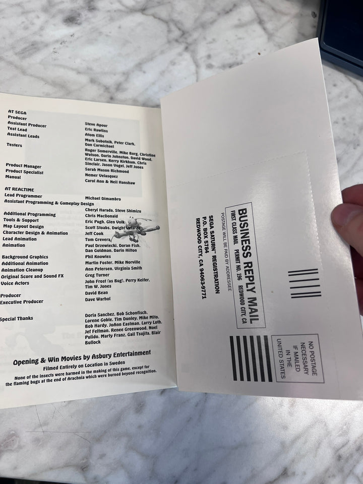 Bug! Sega Saturn MANUAL ONLY w/ reg card intact MO12726