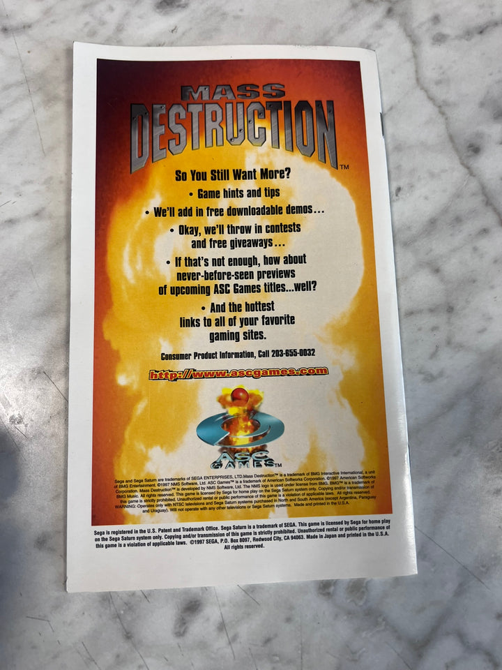 Mass Destruction Sega Saturn MANUAL ONLY MO12726