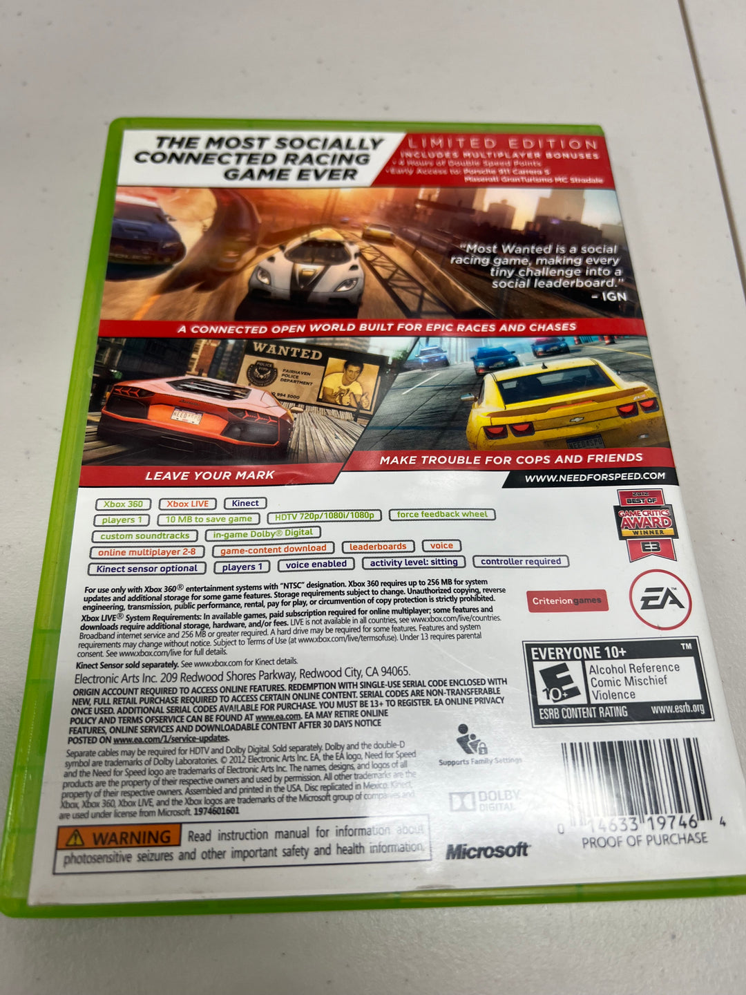 Need for Speed Most Wanted (2012) for Microsoft Xbox 360 in case. Tested and working.     DO61024