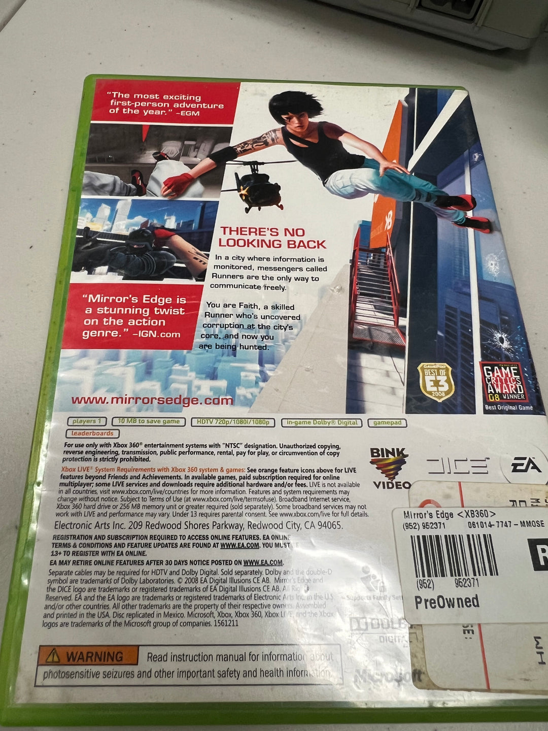Mirror's Edge for Microsoft Xbox 360 in case. Tested and working.     DO61024