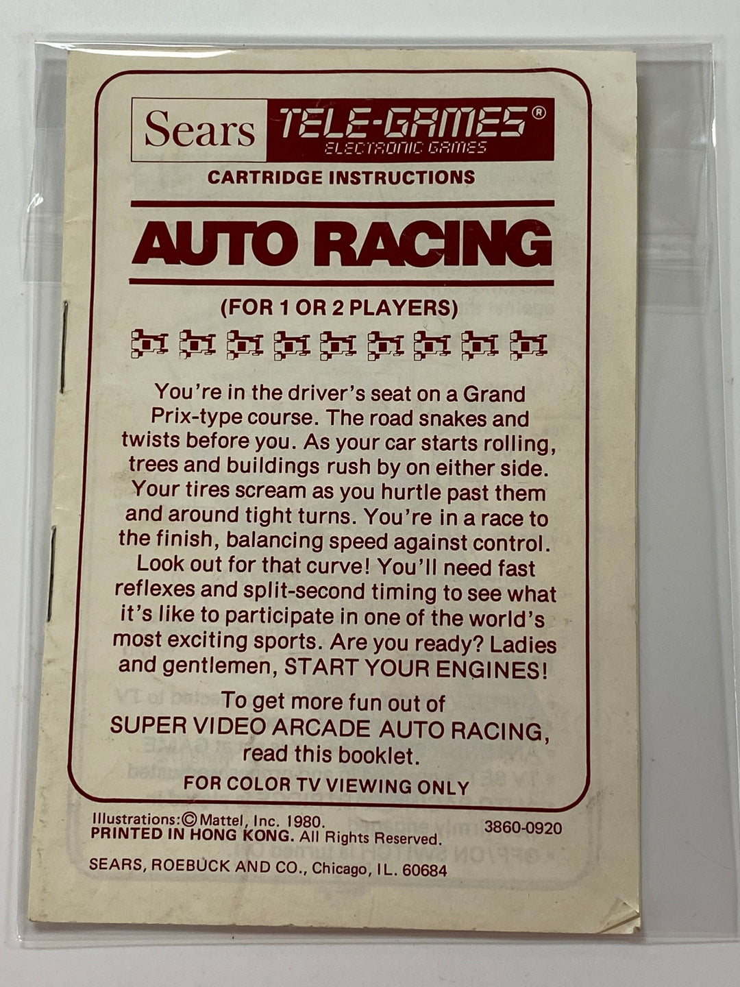 Auto Racing Manual Only 3860-0920 Intellivision MO8626
