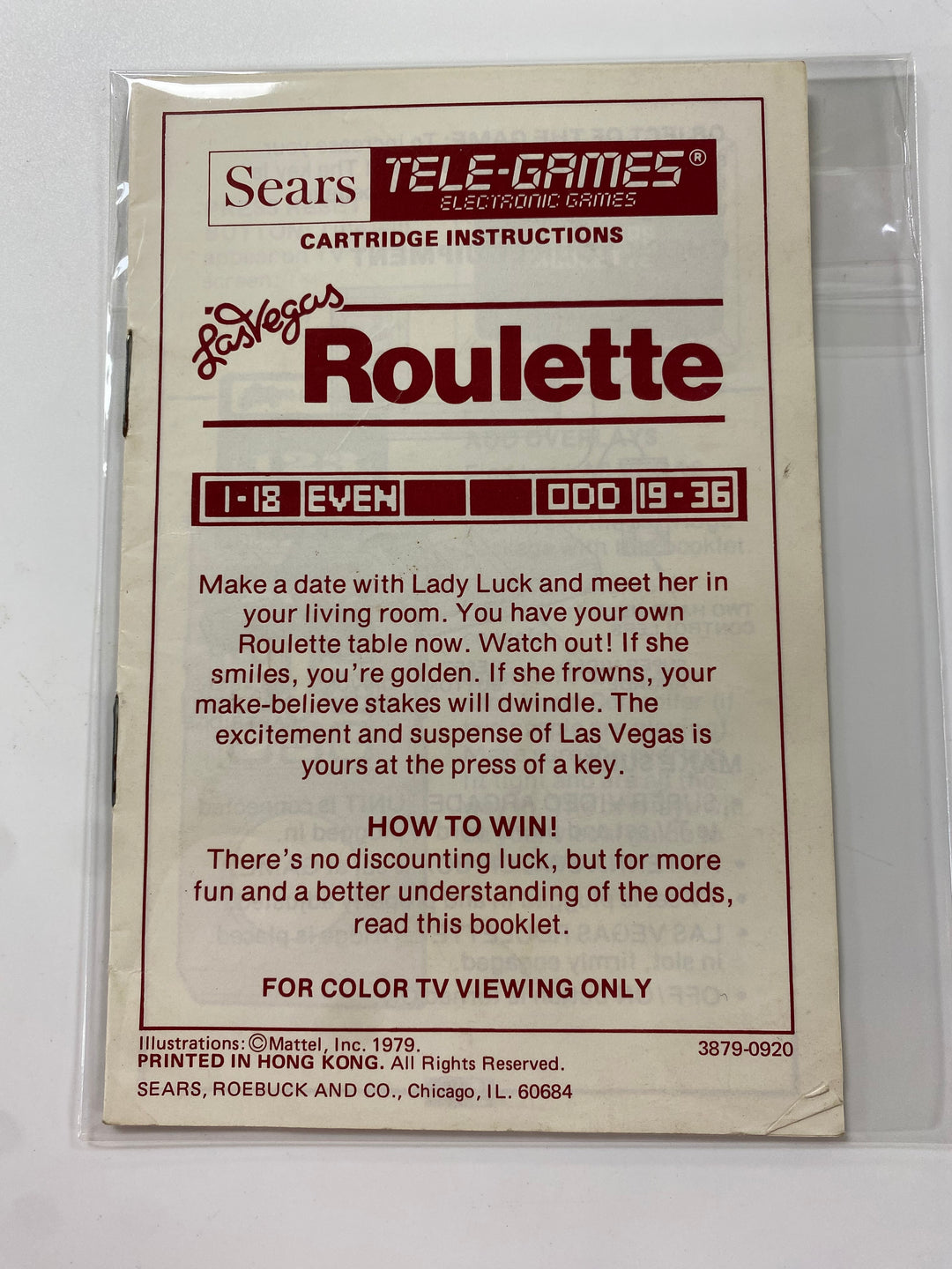 Las Vegas Roulette Manual Only 3879-0920 Intellivision MO8626