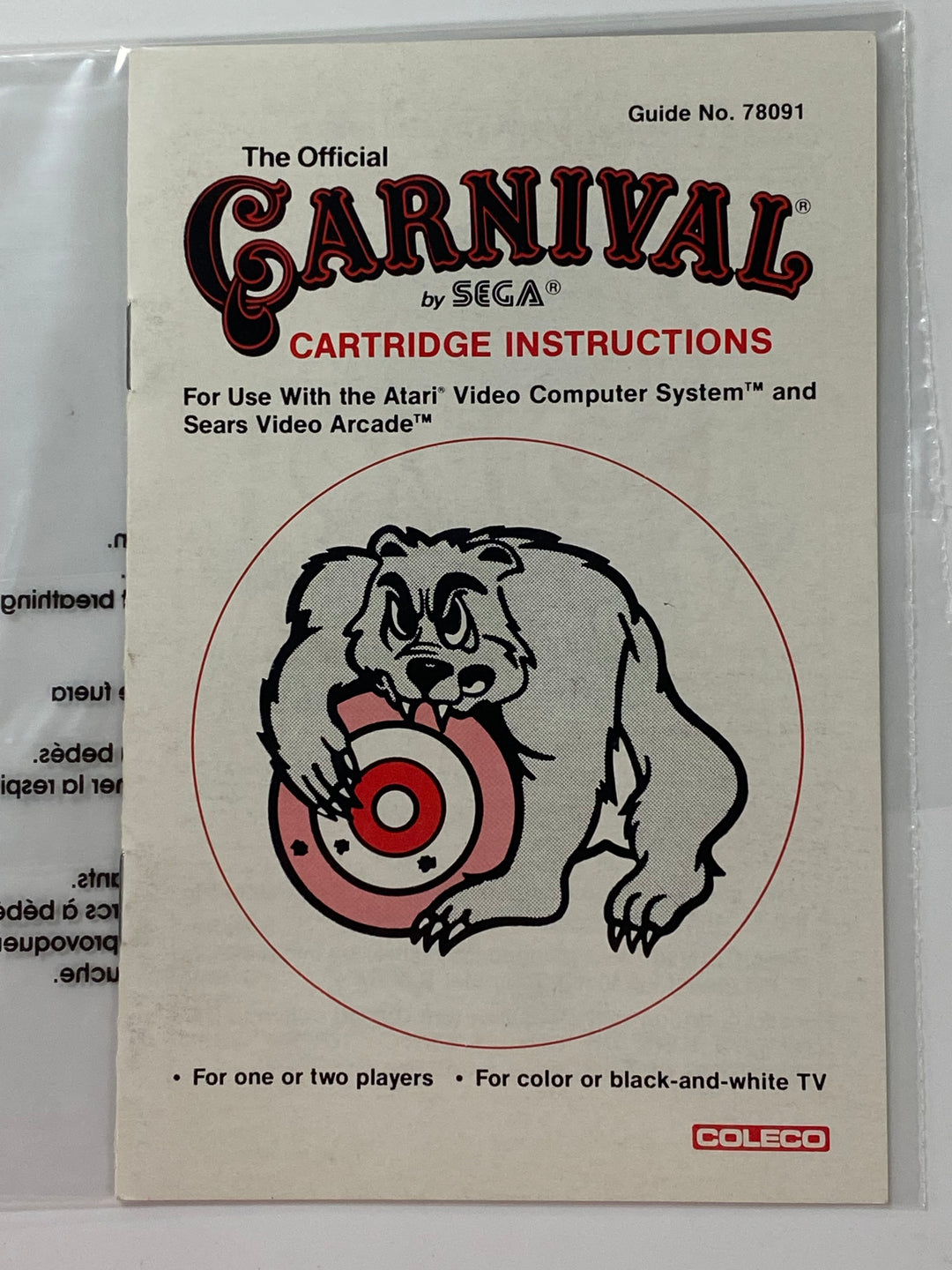 Carnival Manual Only 78091 Atari 2600 MO8626