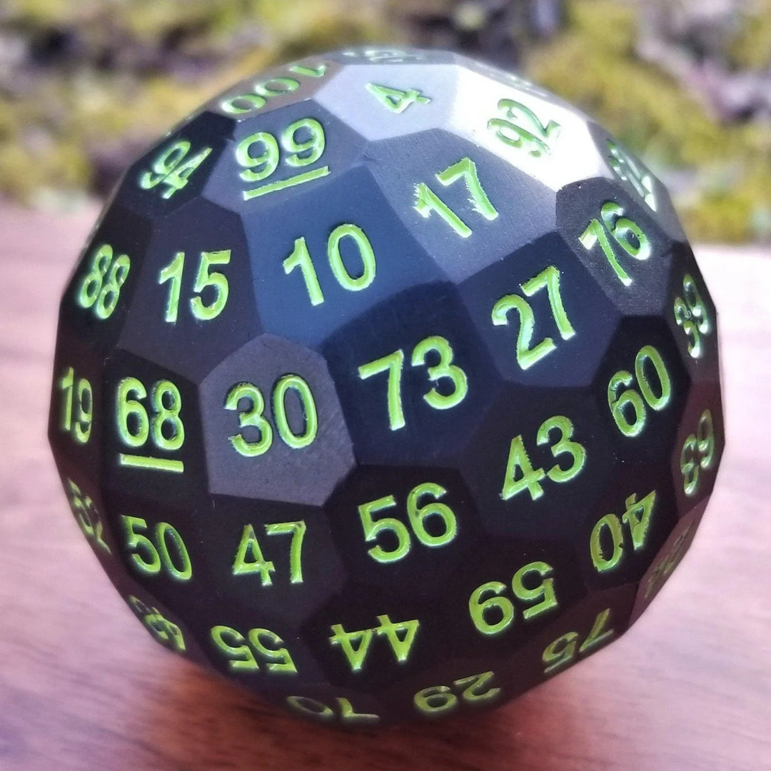 The Pounder D100 - Black and Neon Green Metal Die - Misty Mountain Gaming MM51926