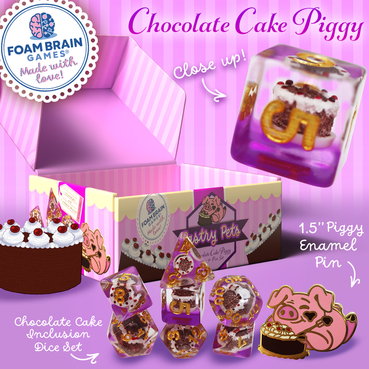 Pastry Pets: Chocolate Cake Piggy - Pin & RPG Dice Set - NE043026