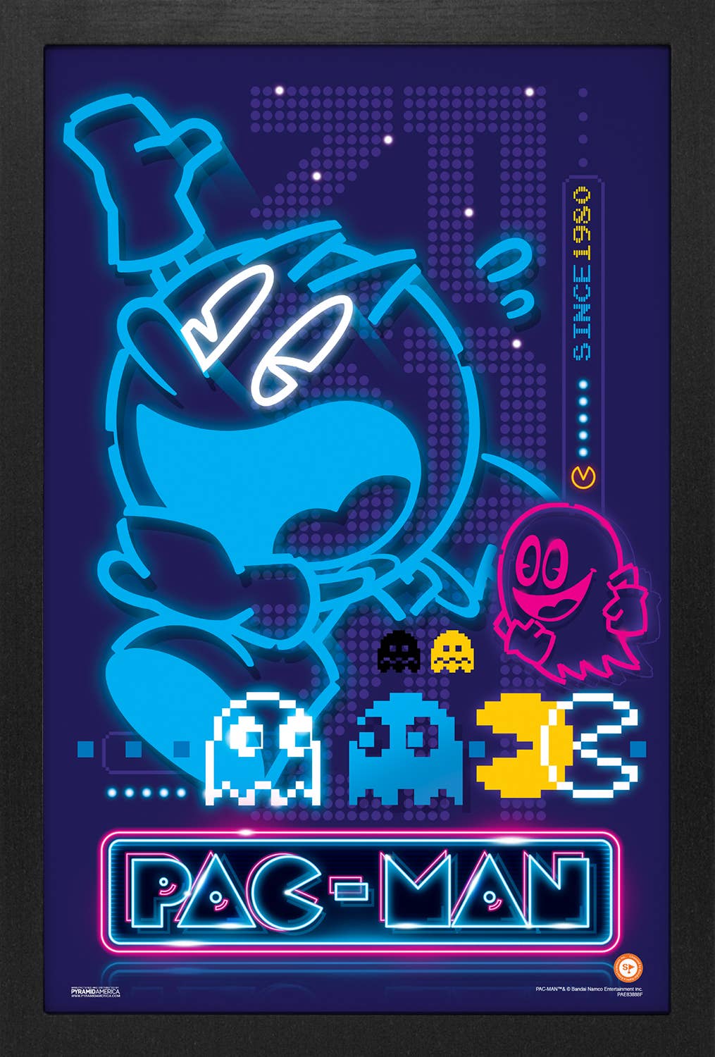 Pac-Man Neon Blue Framed Art Print